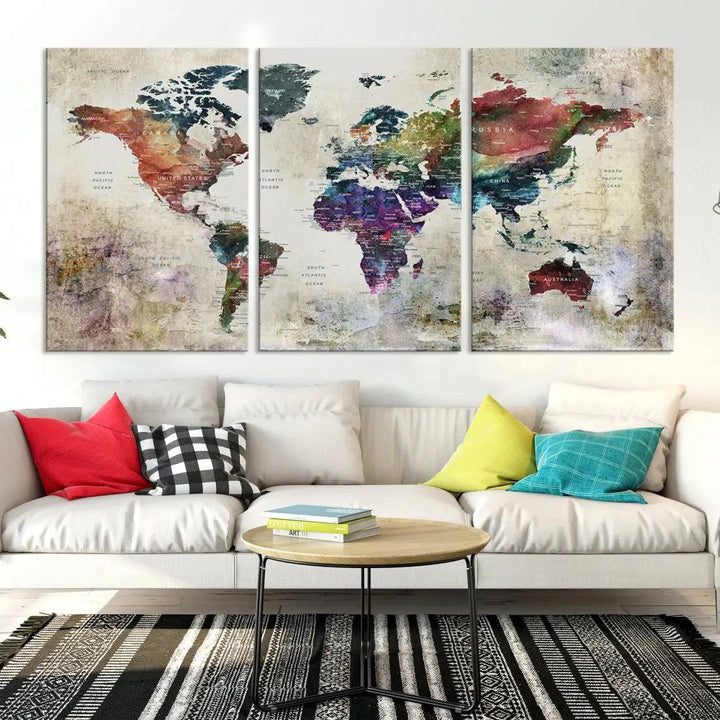 Colorful Large World Map Wall Art Canvas Print Ready to Hang