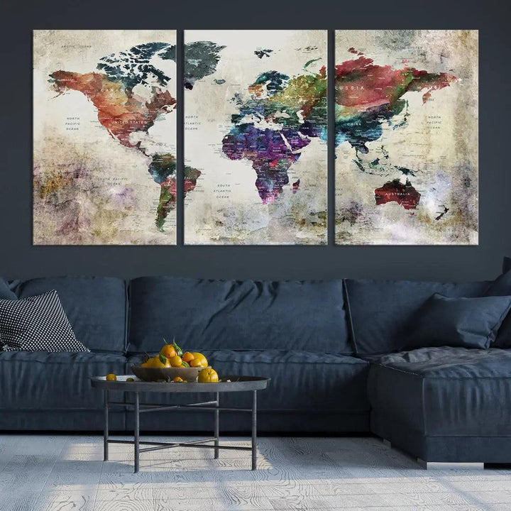 Colorful Large World Map Wall Art Canvas Print Ready to Hang