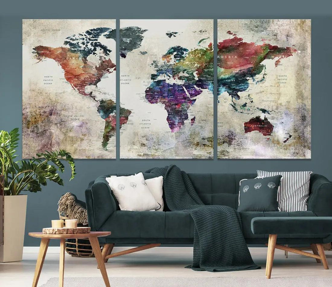 Colorful Large World Map Wall Art Canvas Print Ready to Hang