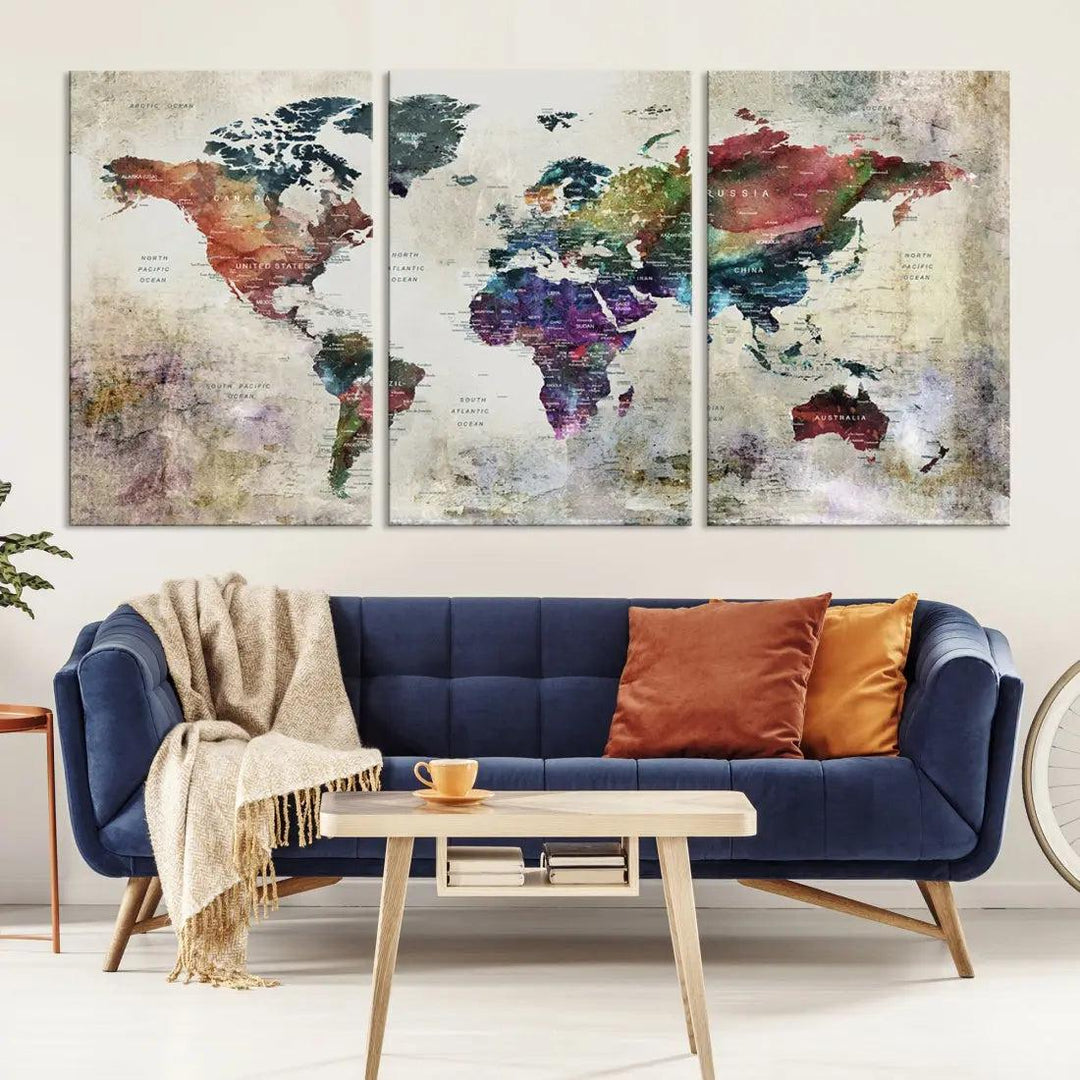 Colorful Large World Map Wall Art Canvas Print Ready to Hang