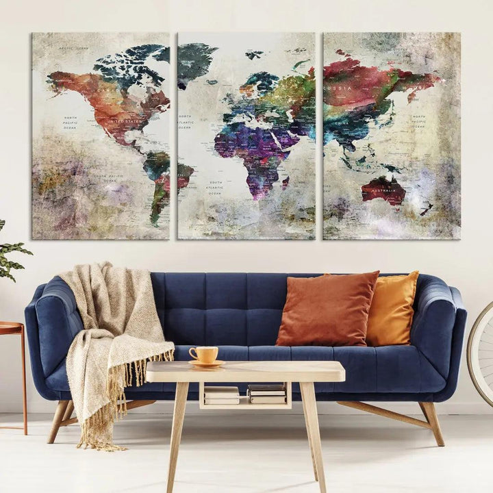 Colorful Large World Map Wall Art Canvas Print Ready to Hang