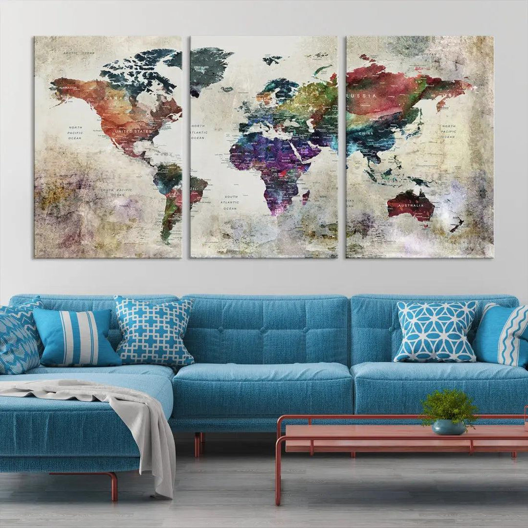 Colorful Large World Map Wall Art Canvas Print Ready to Hang