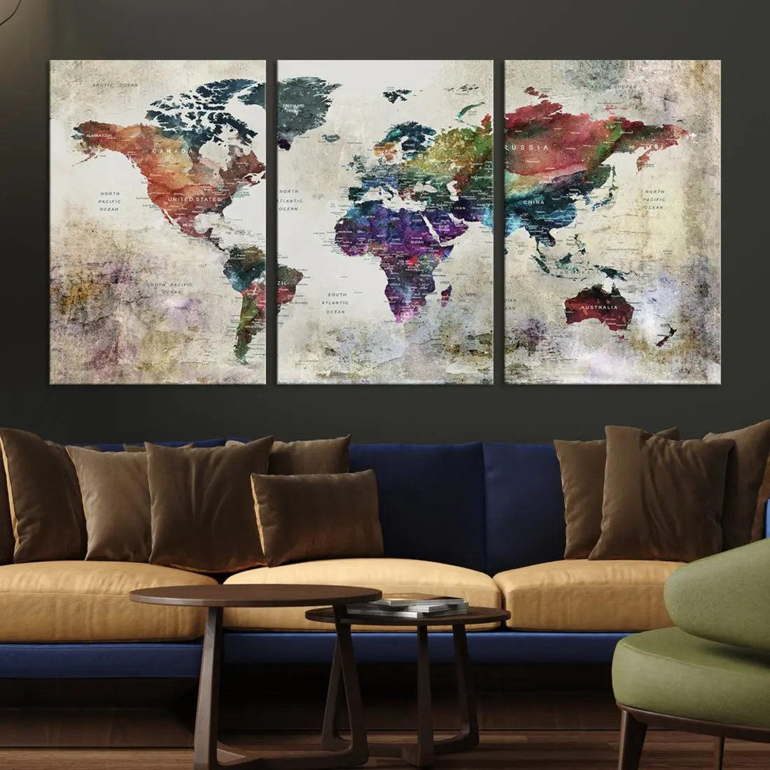 Colorful Large World Map Wall Art Canvas Print Ready to Hang