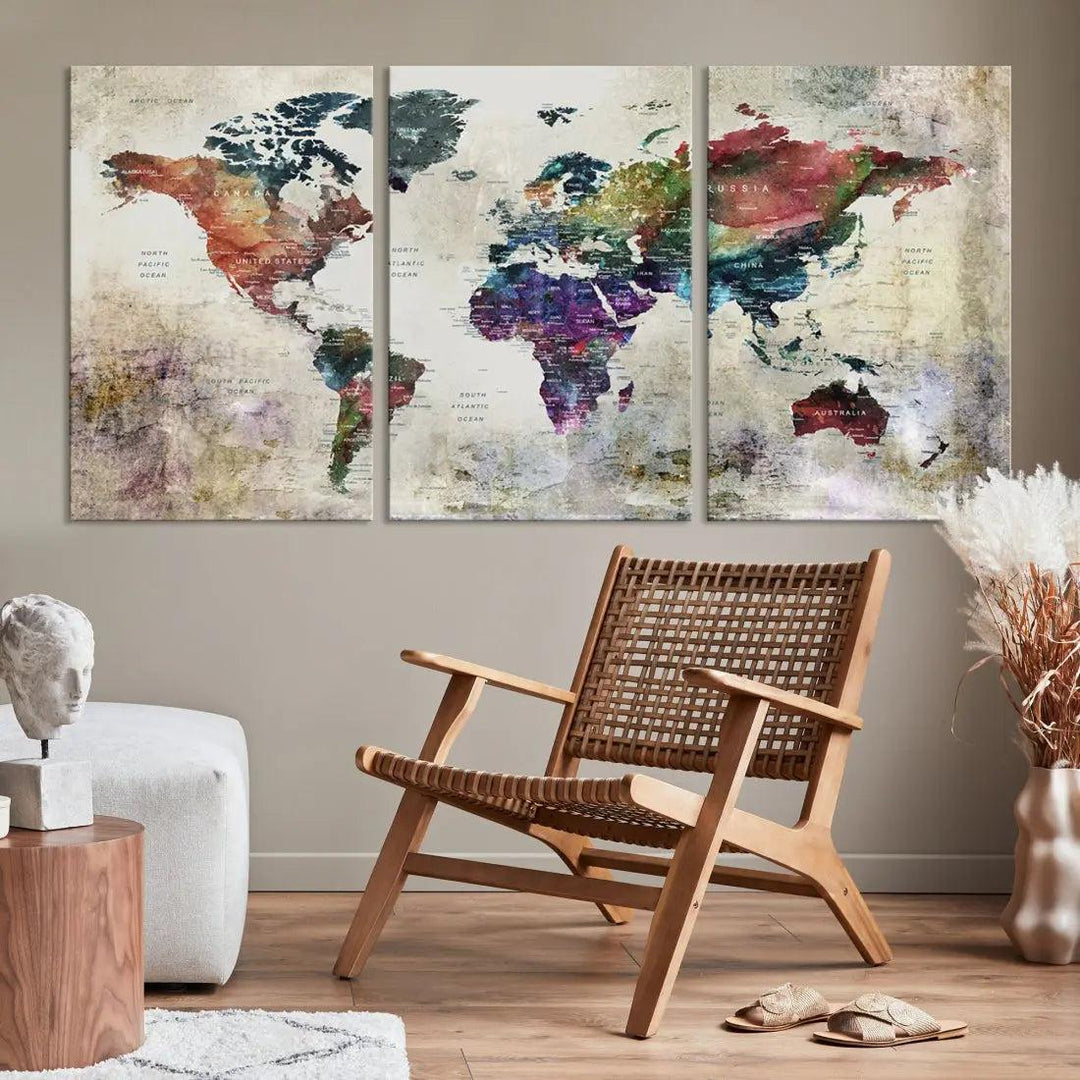 Colorful Large World Map Wall Art Canvas Print Ready to Hang