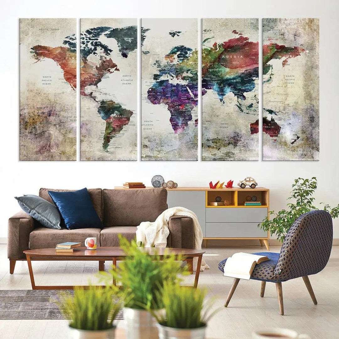 Colorful Large World Map Wall Art Canvas Print Ready to Hang