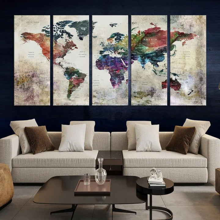 Colorful Large World Map Wall Art Canvas Print Ready to Hang