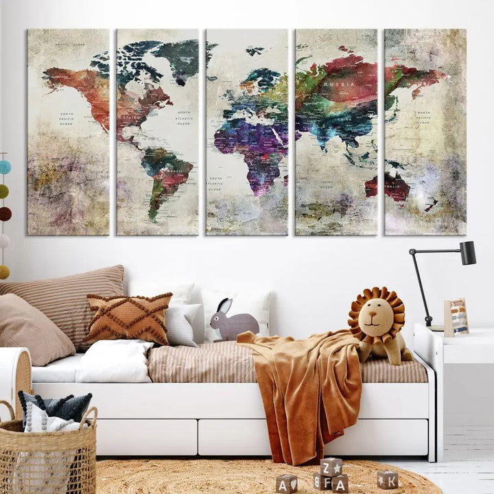 Colorful Large World Map Wall Art Canvas Print Ready to Hang