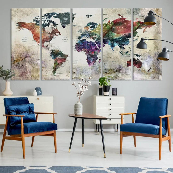 Colorful Large World Map Wall Art Canvas Print Ready to Hang