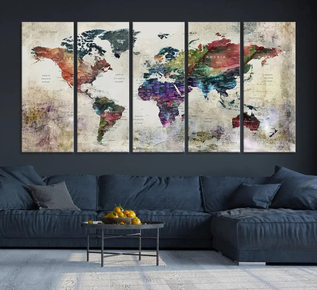 Colorful Large World Map Wall Art Canvas Print Ready to Hang