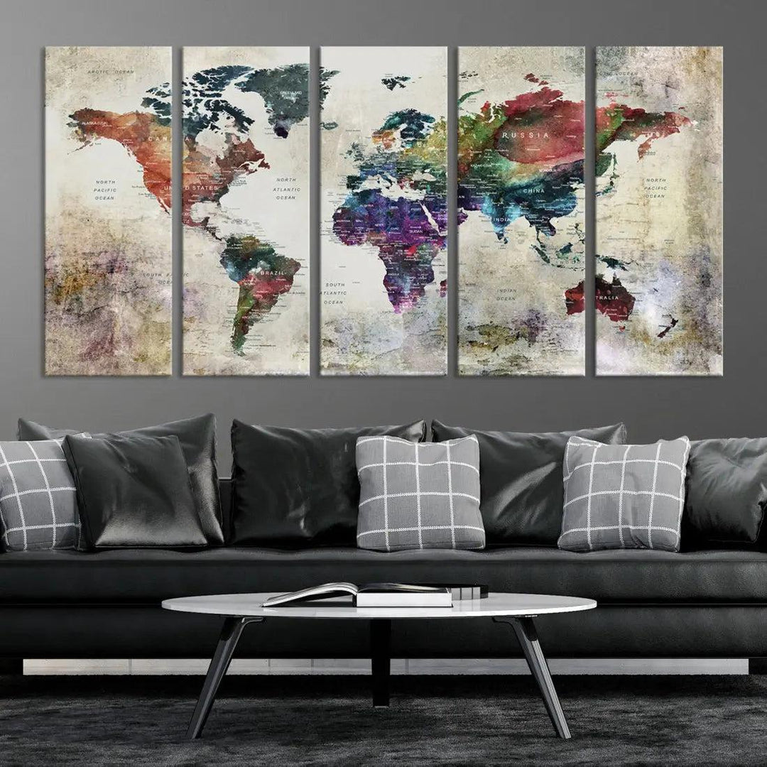 Colorful Large World Map Wall Art Canvas Print Ready to Hang