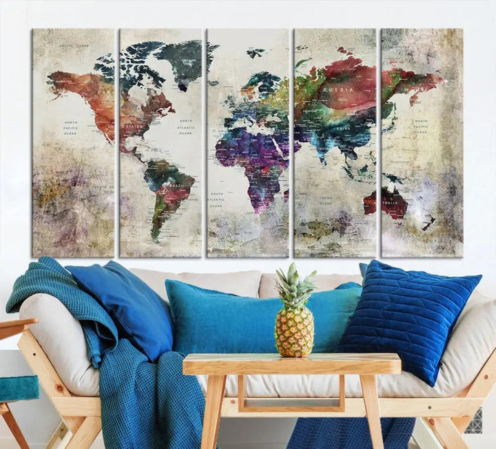 Colorful Large World Map Wall Art Canvas Print Ready to Hang