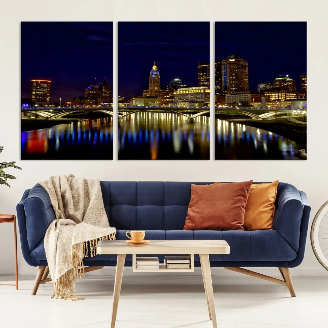 Columbus City Lights Reflections Night Skyline Cityscape Wall Art Canvas Print