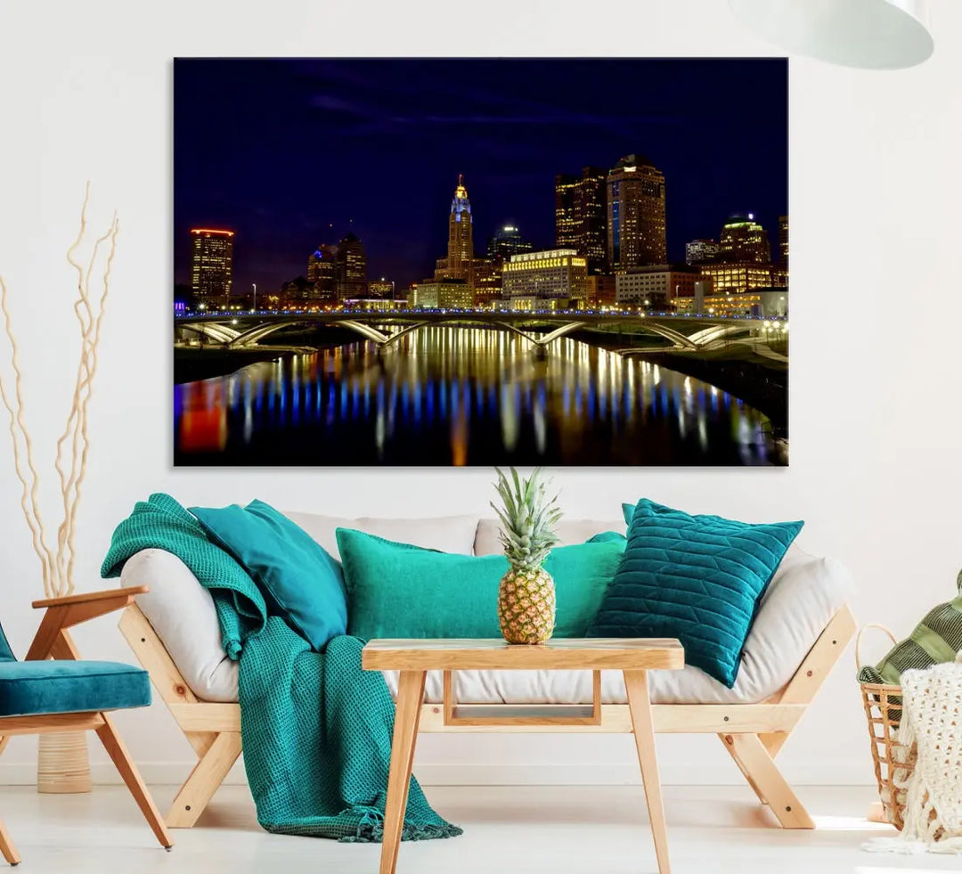 Columbus City Lights Reflections Night Skyline Cityscape Wall Art Canvas Print