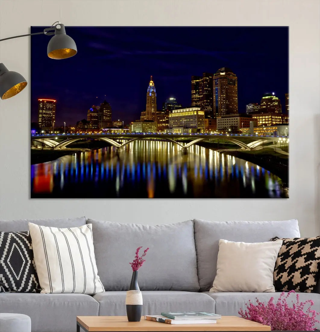 Columbus City Lights Reflections Night Skyline Cityscape Wall Art Canvas Print