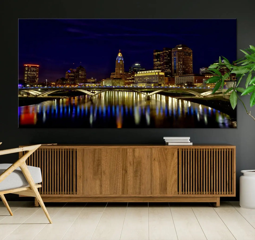 Columbus City Lights Reflections Night Skyline Cityscape Wall Art Canvas Print