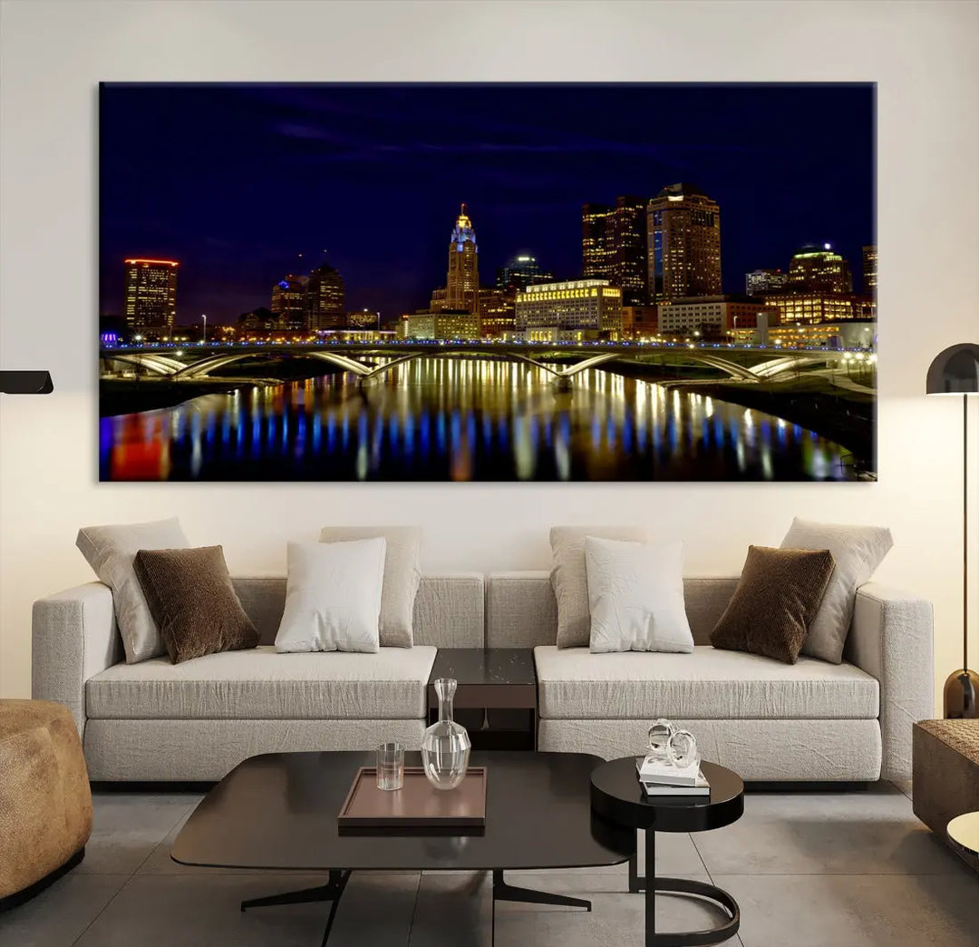 Columbus City Lights Reflections Night Skyline Cityscape Wall Art Canvas Print