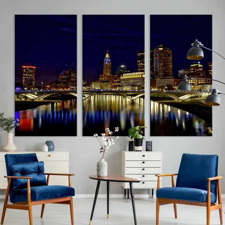 Columbus City Lights Reflections Night Skyline Cityscape Wall Art Canvas Print