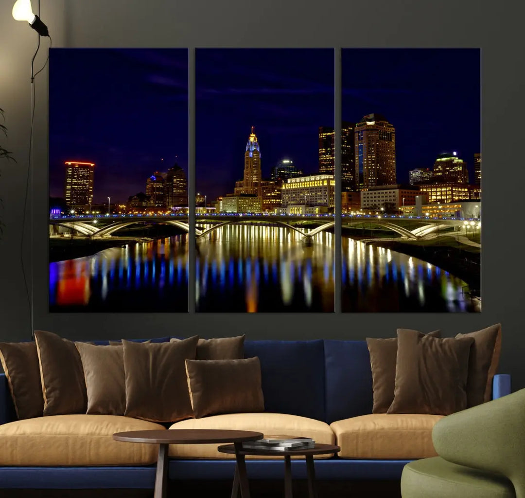 Columbus City Lights Reflections Night Skyline Cityscape Wall Art Canvas Print