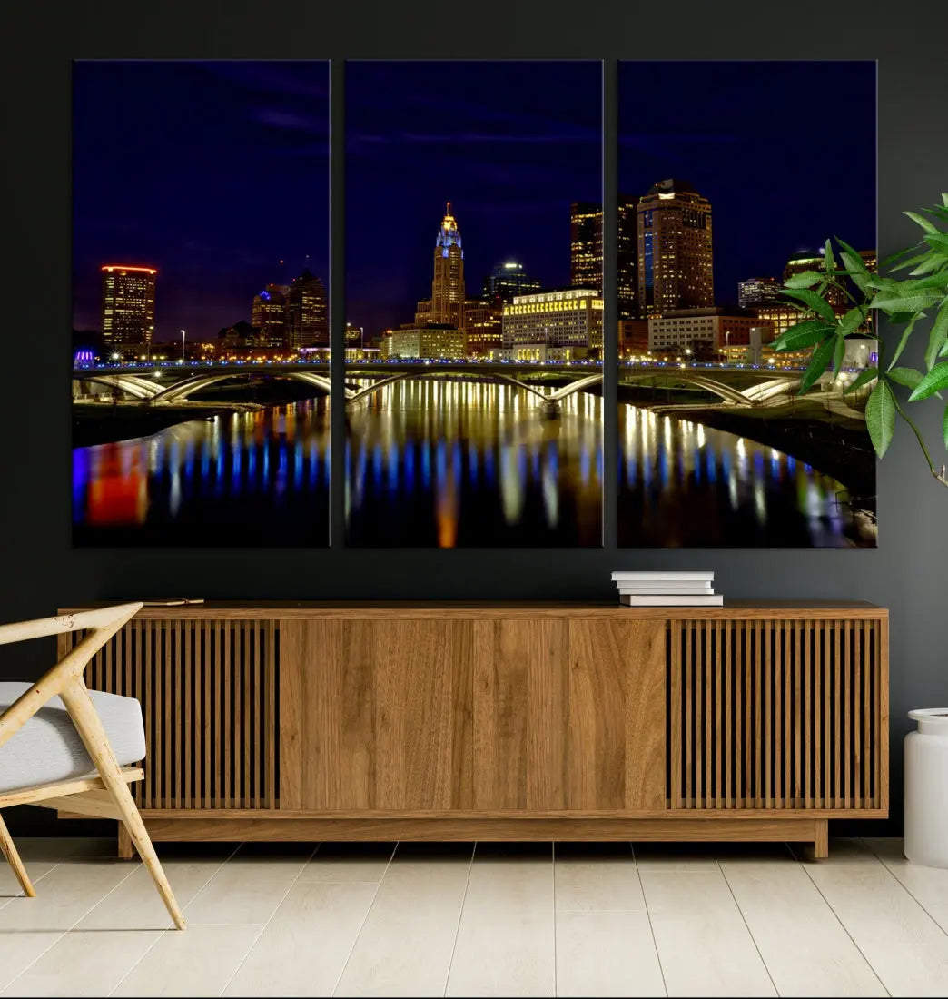 Columbus City Lights Reflections Night Skyline Cityscape Wall Art Canvas Print