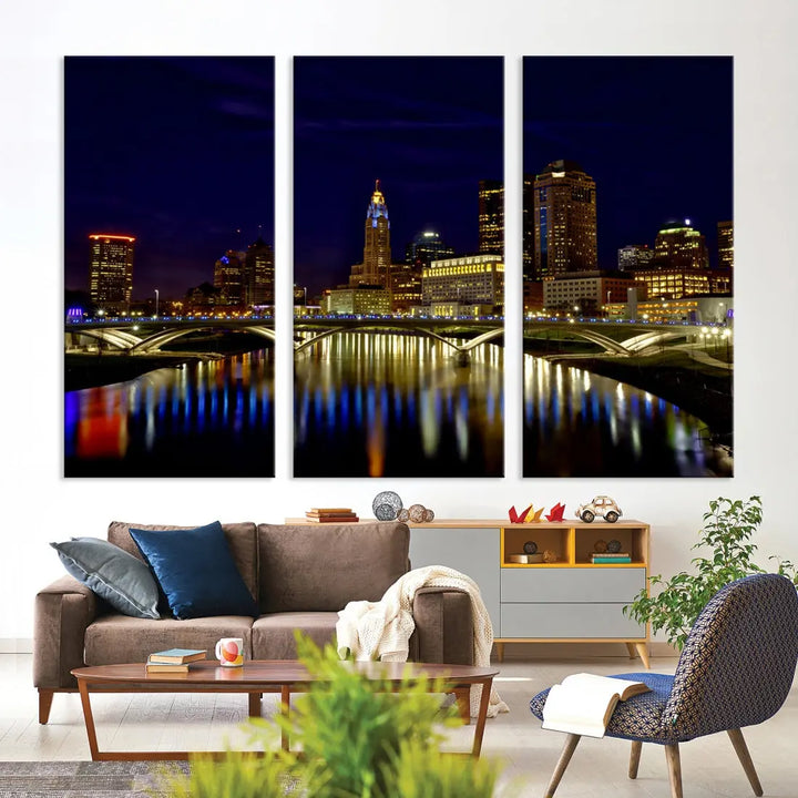 Columbus City Lights Reflections Night Skyline Cityscape Wall Art Canvas Print