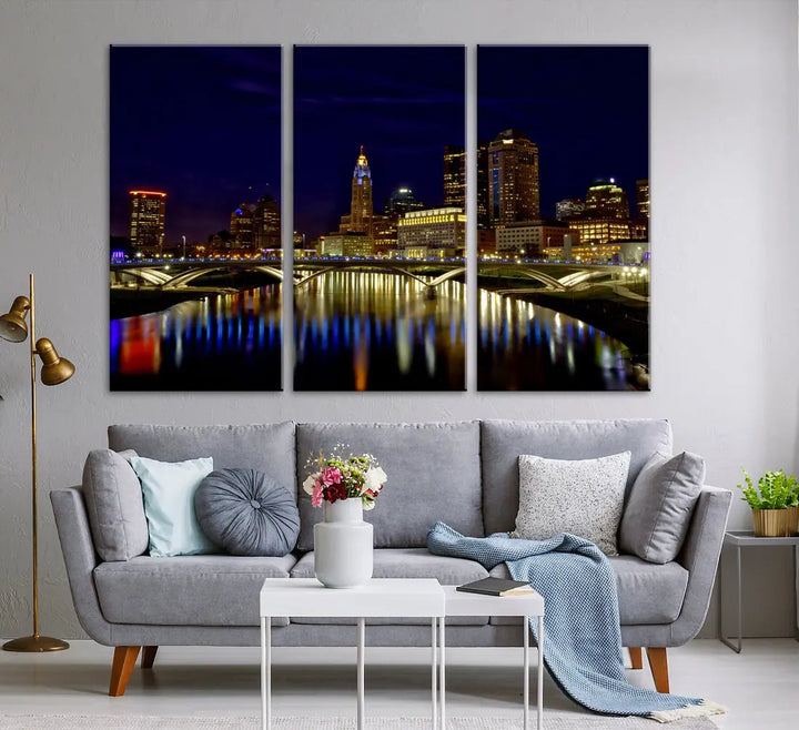 Columbus City Lights Reflections Night Skyline Cityscape Wall Art Canvas Print