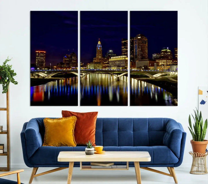 Columbus City Lights Reflections Night Skyline Cityscape Wall Art Canvas Print