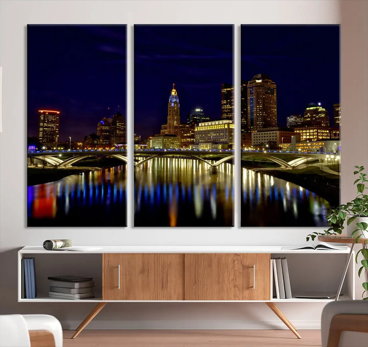 Columbus City Lights Reflections Night Skyline Cityscape Wall Art Canvas Print