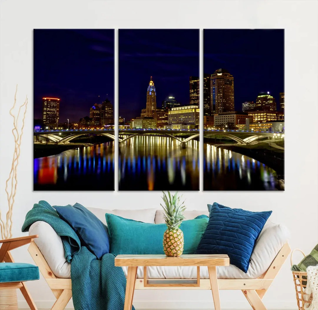 Columbus City Lights Reflections Night Skyline Cityscape Wall Art Canvas Print