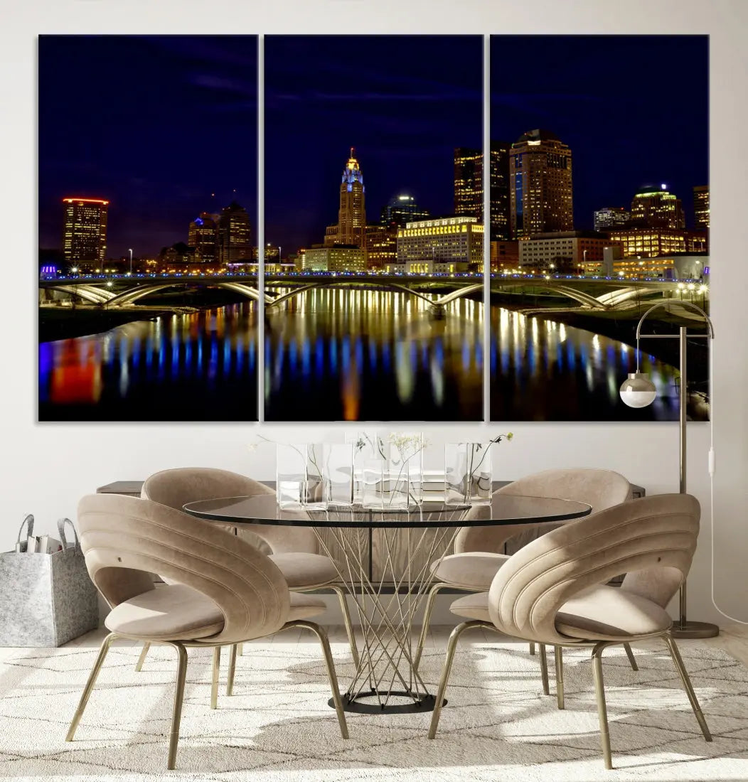 Columbus City Lights Reflections Night Skyline Cityscape Wall Art Canvas Print