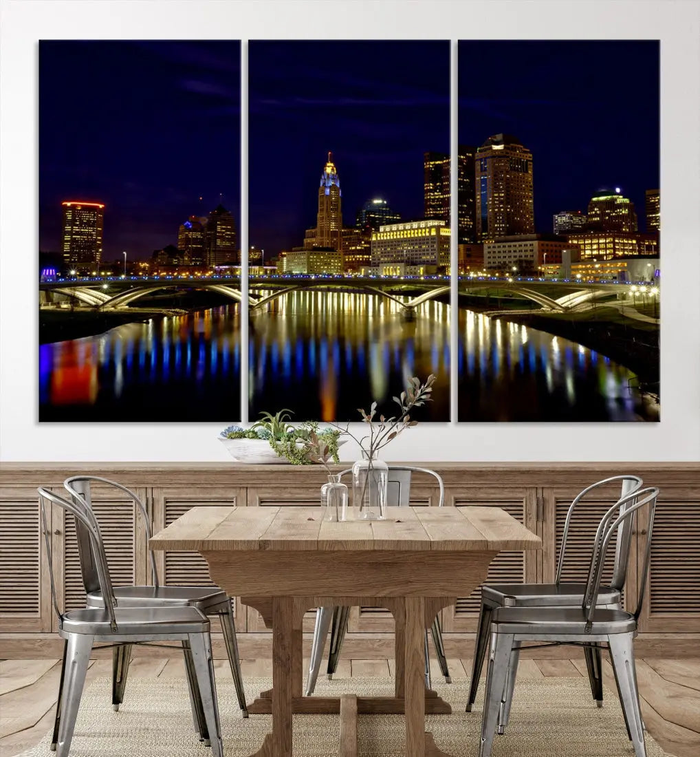 Columbus City Lights Reflections Night Skyline Cityscape Wall Art Canvas Print