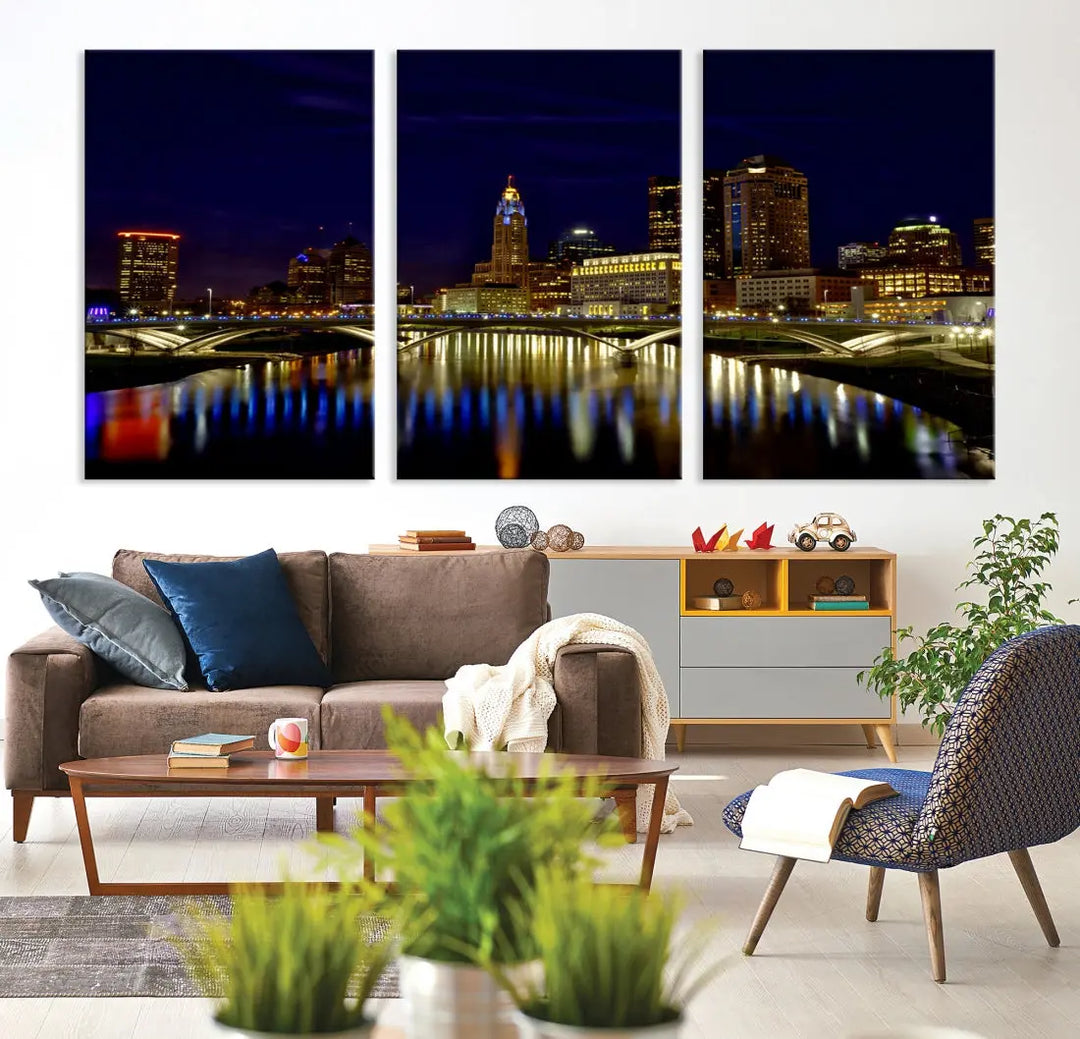 Columbus City Lights Reflections Night Skyline Cityscape Wall Art Canvas Print