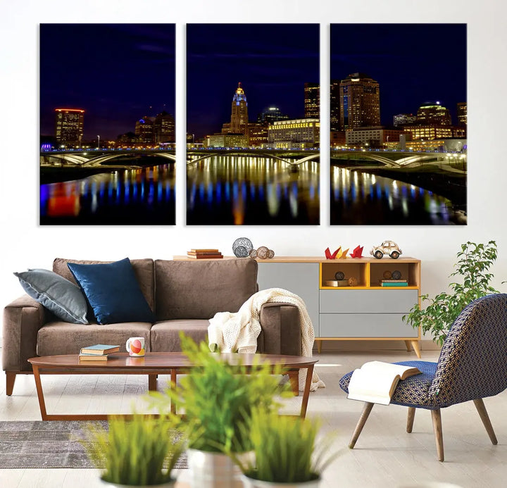 Columbus City Lights Reflections Night Skyline Cityscape Wall Art Canvas Print