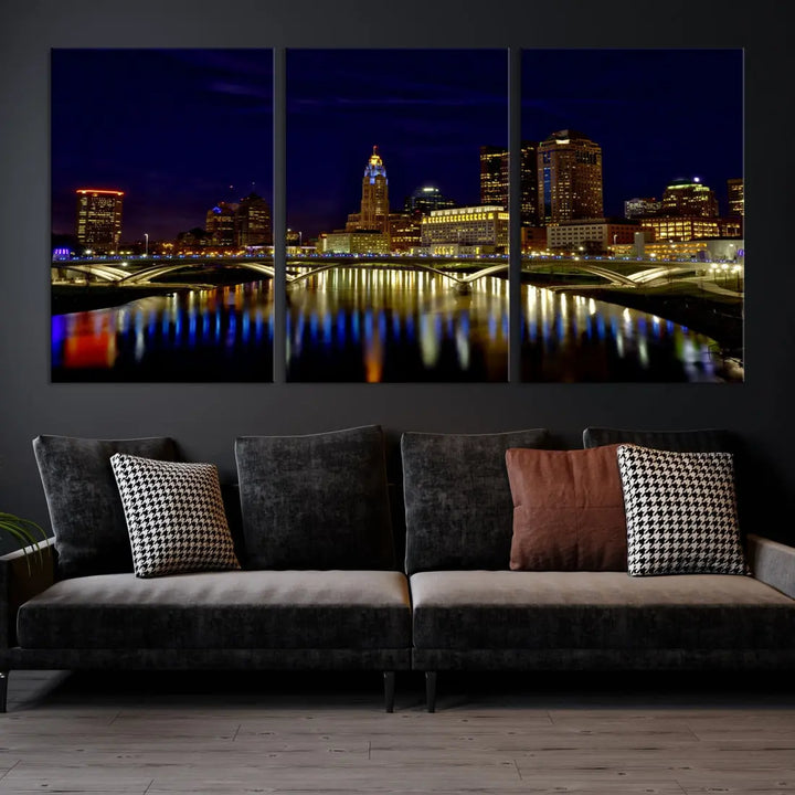 Columbus City Lights Reflections Night Skyline Cityscape Wall Art Canvas Print