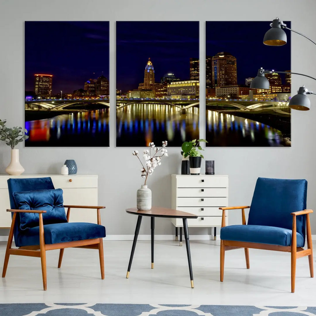 Columbus City Lights Reflections Night Skyline Cityscape Wall Art Canvas Print