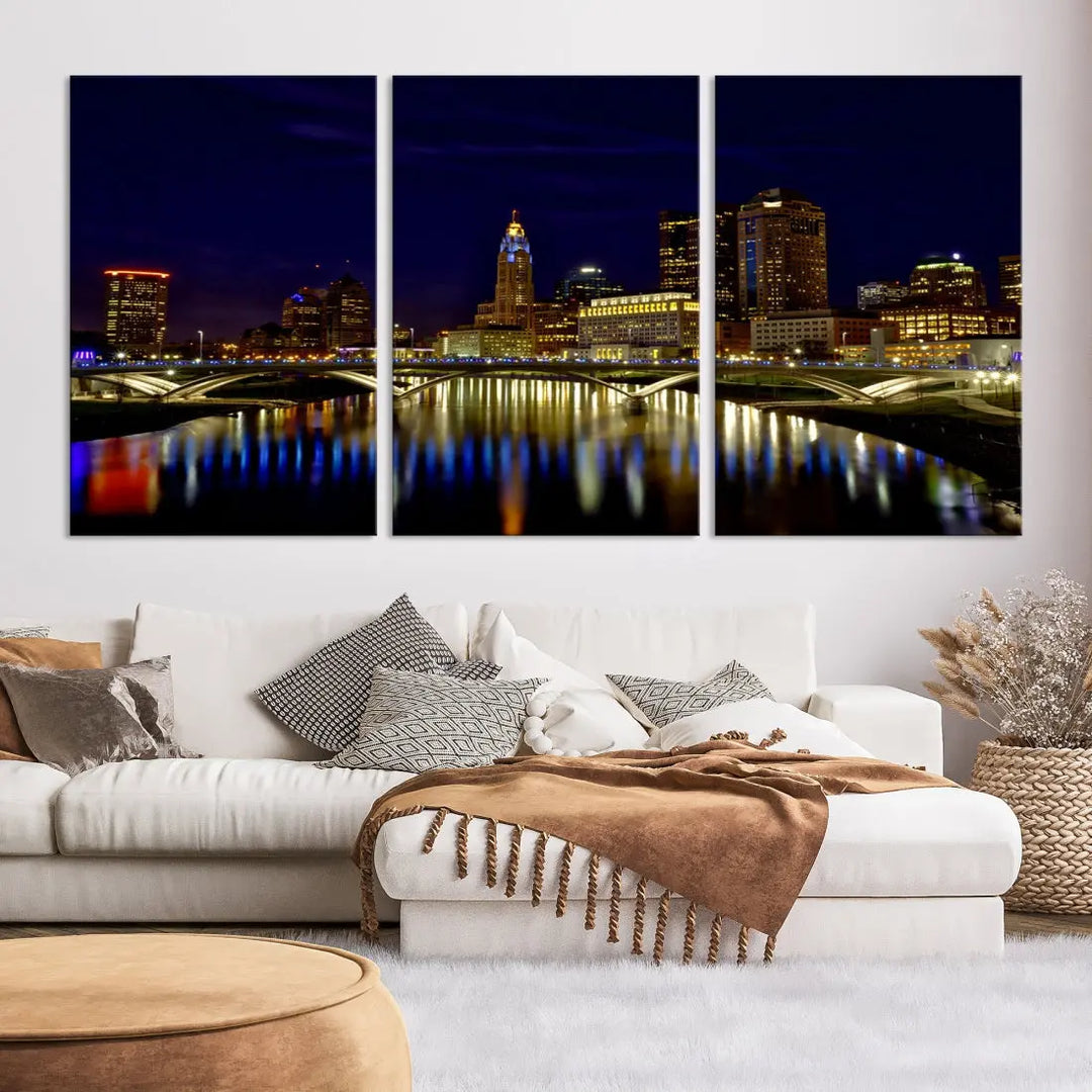 Columbus City Lights Reflections Night Skyline Cityscape Wall Art Canvas Print