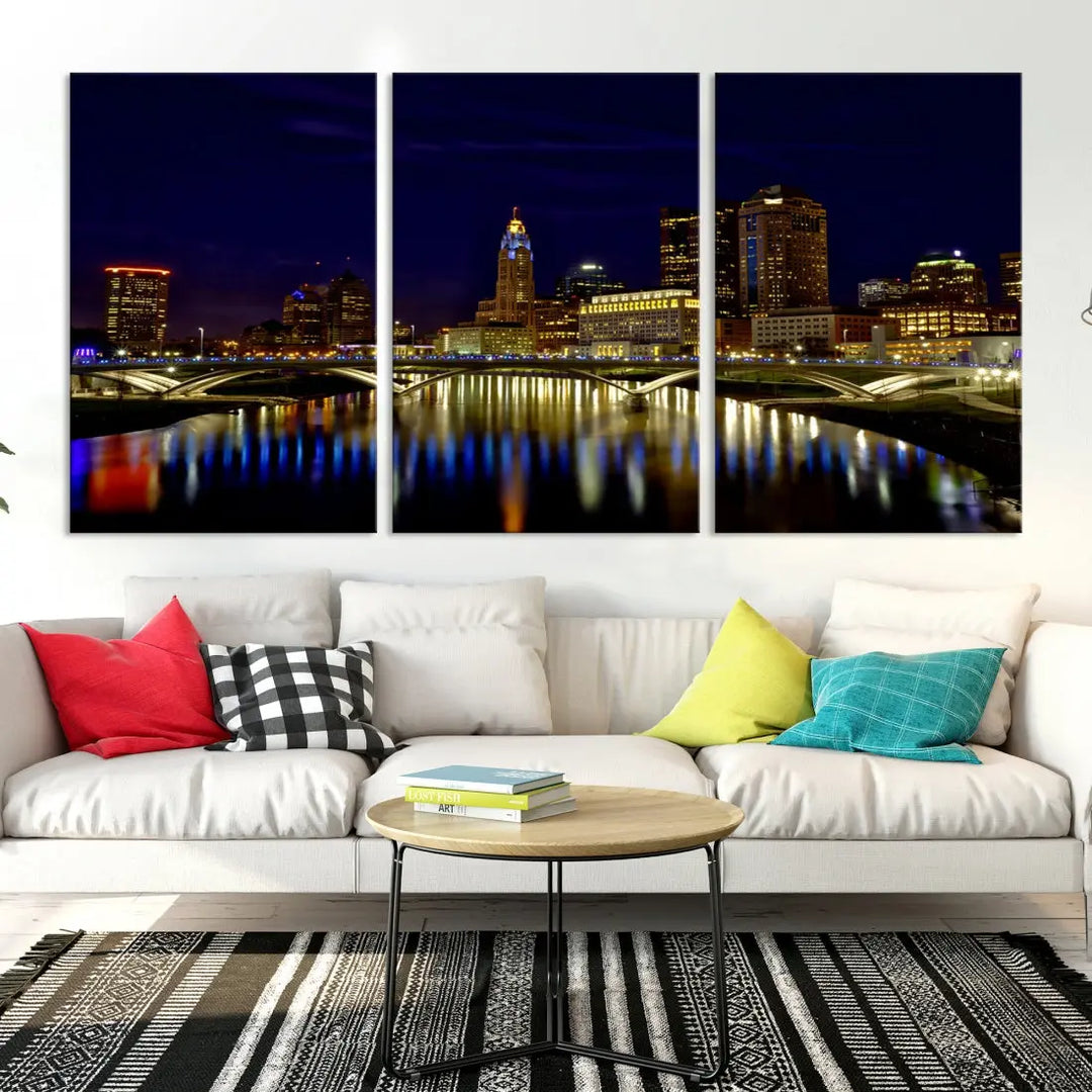 Columbus City Lights Reflections Night Skyline Cityscape Wall Art Canvas Print