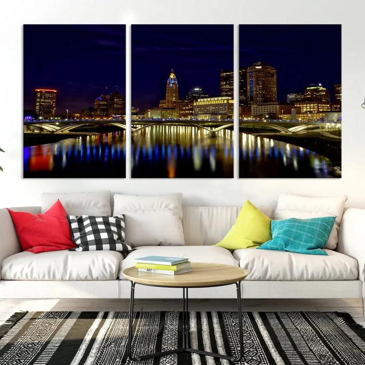 Columbus City Lights Reflections Night Skyline Cityscape Wall Art Canvas Print