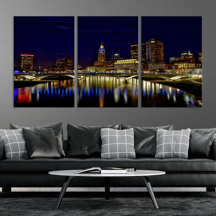 Columbus City Lights Reflections Night Skyline Cityscape Wall Art Canvas Print