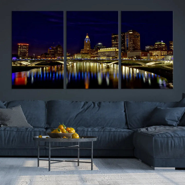 Columbus City Lights Reflections Night Skyline Cityscape Wall Art Canvas Print