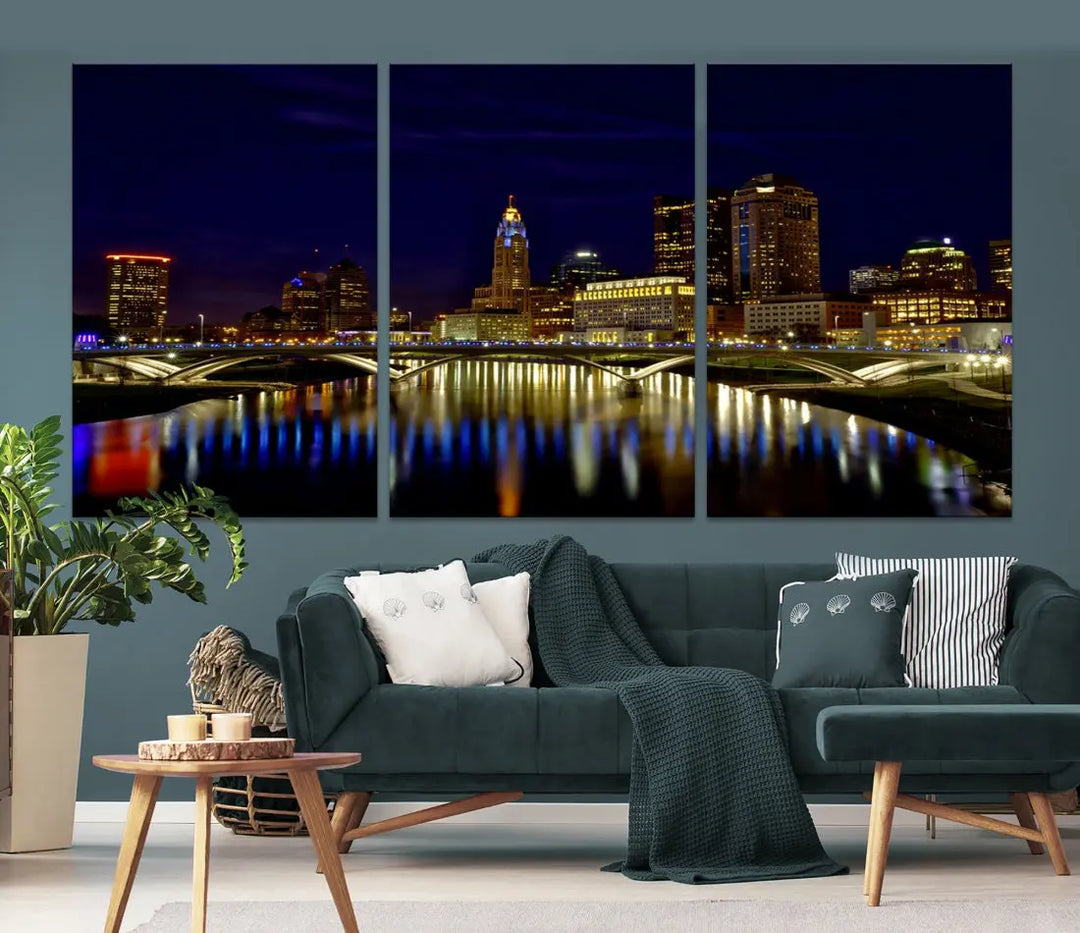 Columbus City Lights Reflections Night Skyline Cityscape Wall Art Canvas Print