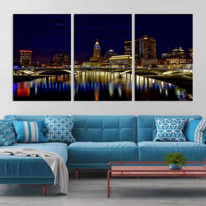 Columbus City Lights Reflections Night Skyline Cityscape Wall Art Canvas Print