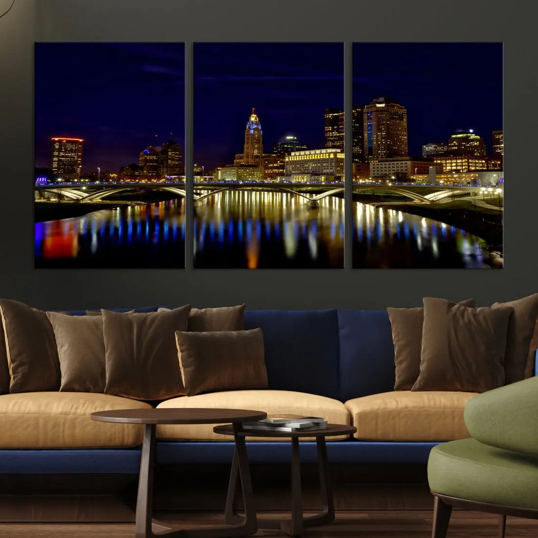 Columbus City Lights Reflections Night Skyline Cityscape Wall Art Canvas Print