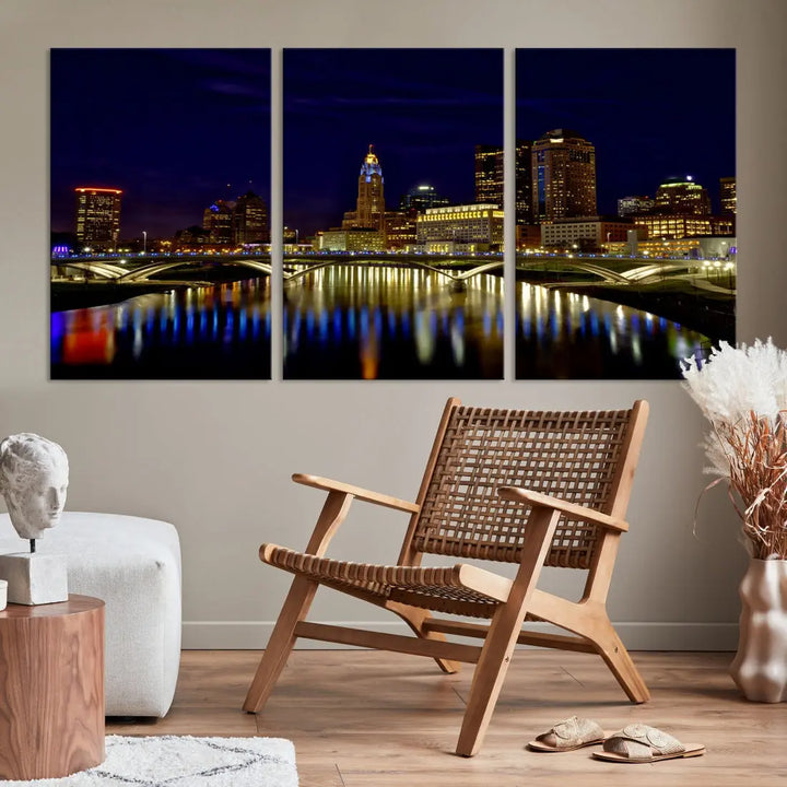 Columbus City Lights Reflections Night Skyline Cityscape Wall Art Canvas Print