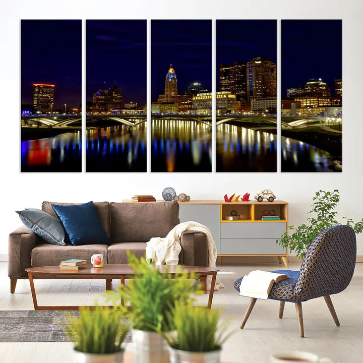 Columbus City Lights Reflections Night Skyline Cityscape Wall Art Canvas Print