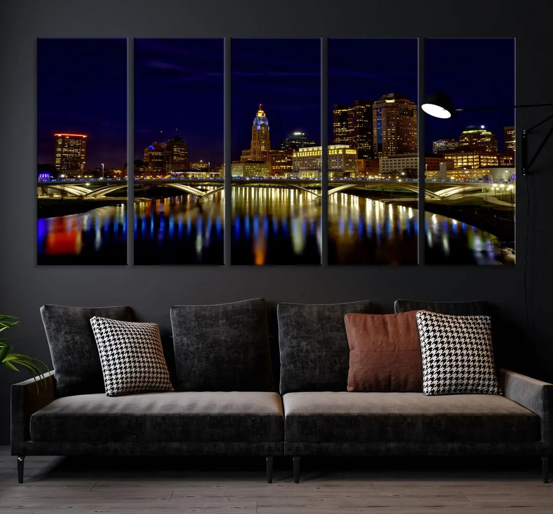 Columbus City Lights Reflections Night Skyline Cityscape Wall Art Canvas Print