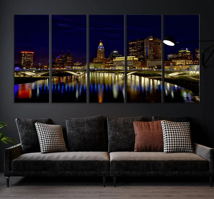 Columbus City Lights Reflections Night Skyline Cityscape Wall Art Canvas Print