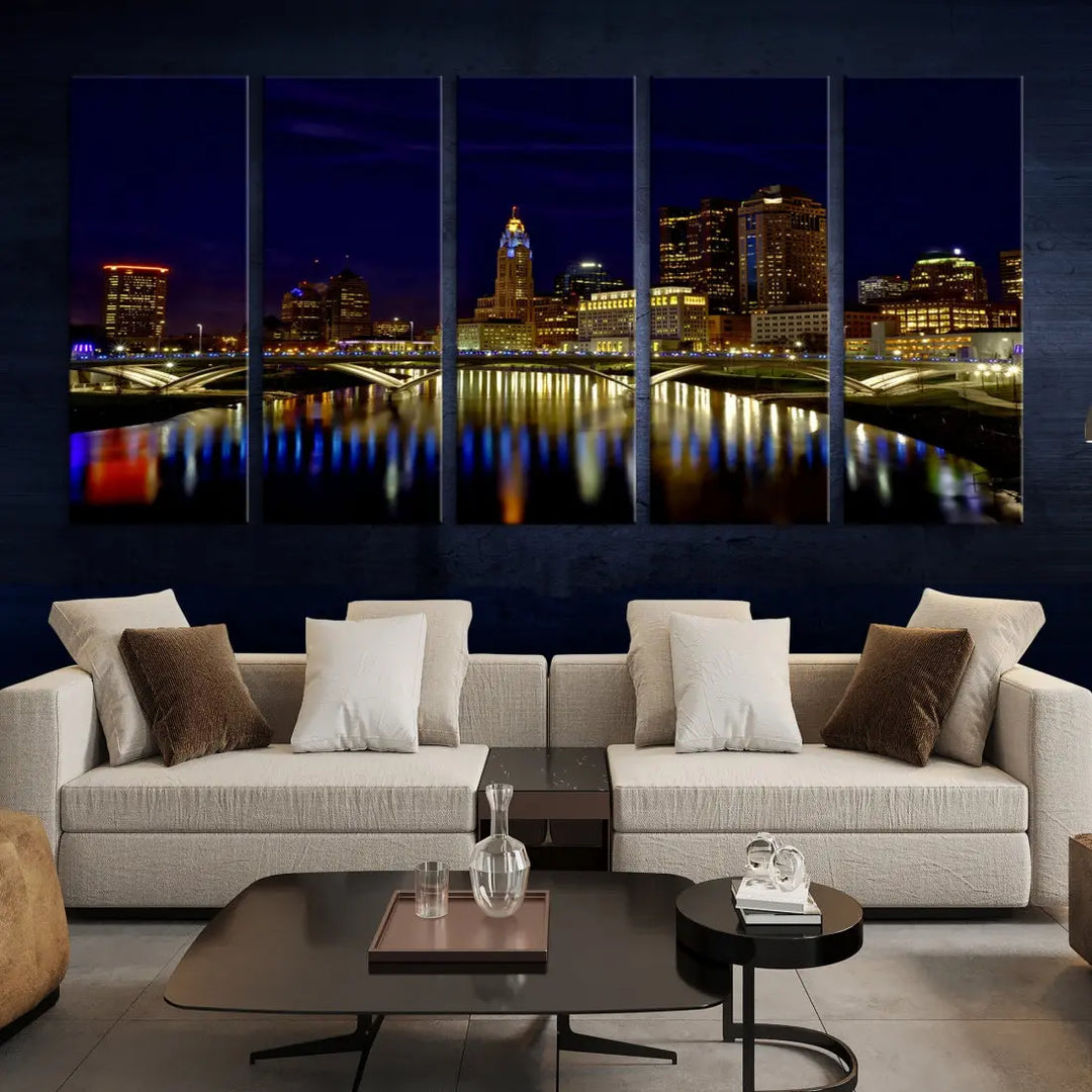 Columbus City Lights Reflections Night Skyline Cityscape Wall Art Canvas Print