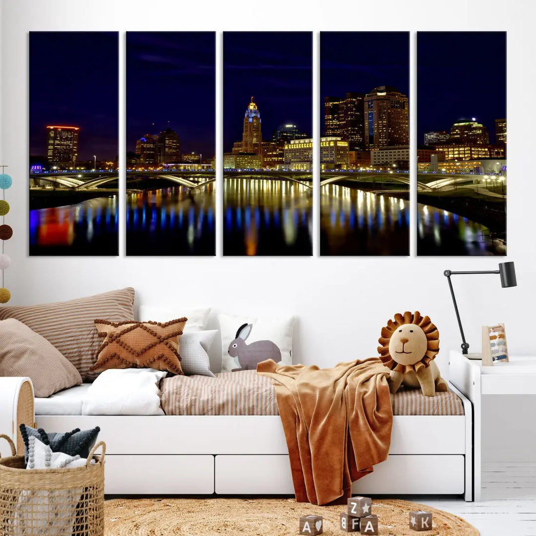 Columbus City Lights Reflections Night Skyline Cityscape Wall Art Canvas Print