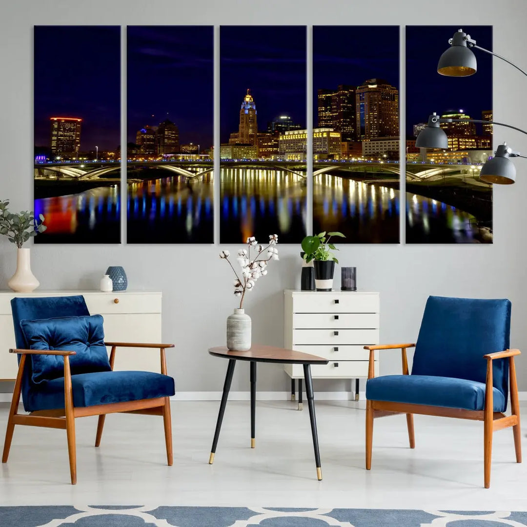 Columbus City Lights Reflections Night Skyline Cityscape Wall Art Canvas Print