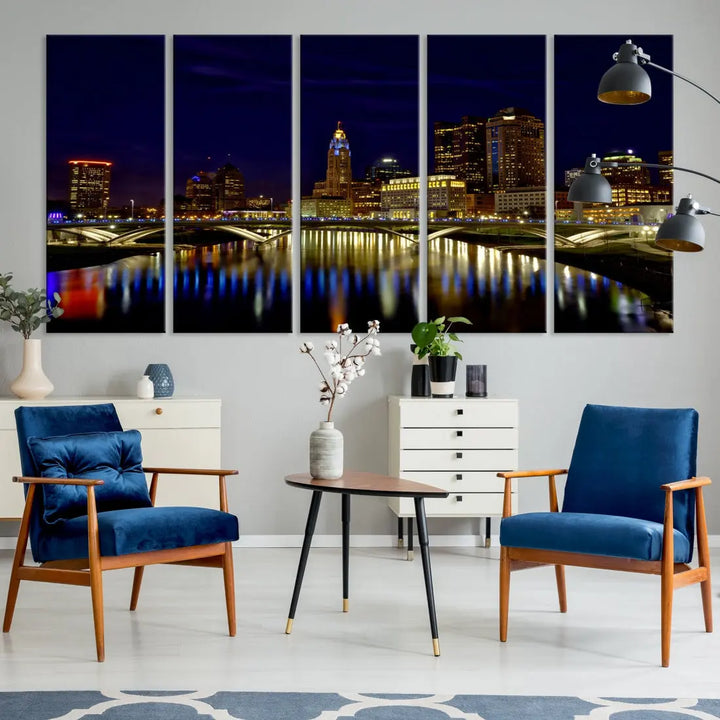 Columbus City Lights Reflections Night Skyline Cityscape Wall Art Canvas Print